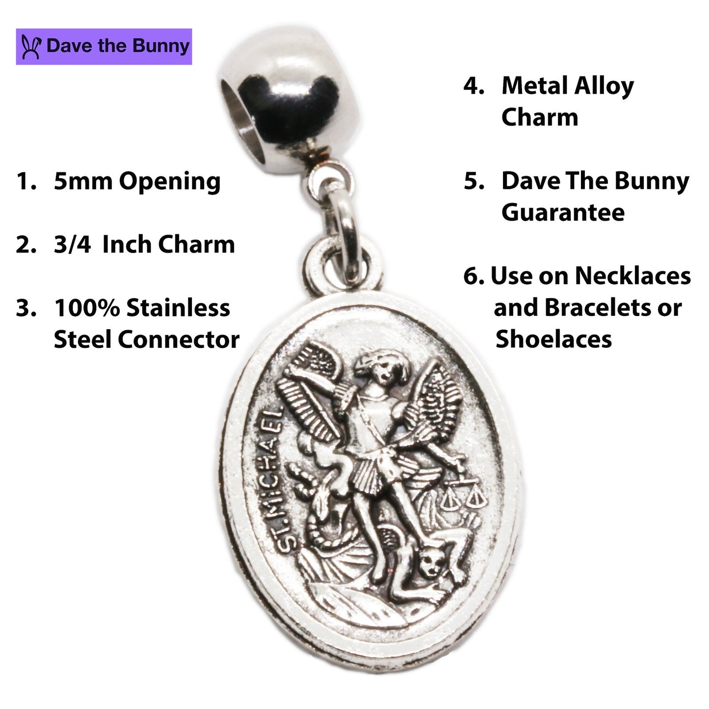 St Michael Charm - Guardian Angel St Michael Pendant for Men with Stainless Steel Connector and Metal Alloy Charm - St Michael the Archangel Necklace, Durable Religious Jewelry for Daily Wear