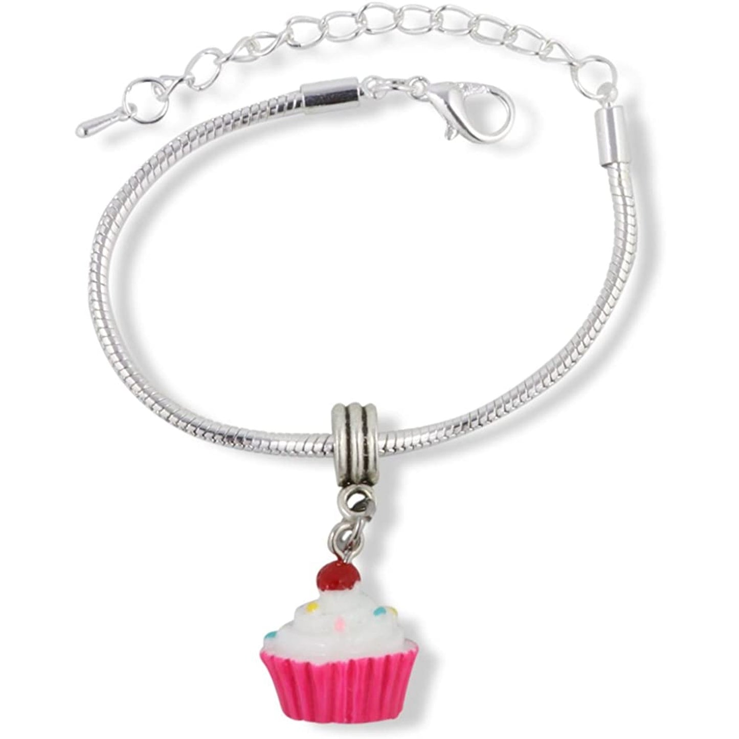 Cupcake (White and Pink Enamel) Snake Chain Charm Bracelet