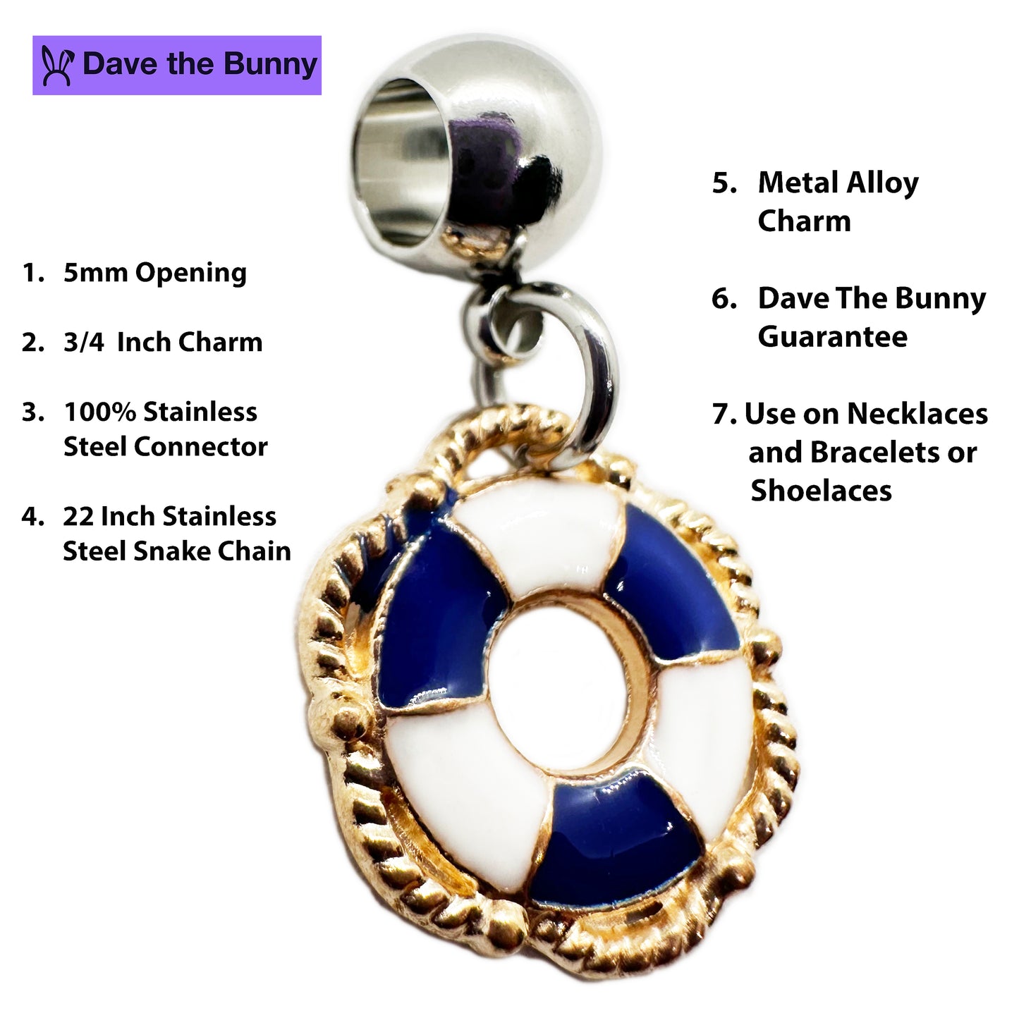 Life Saver Necklace (Blue) - Stainless Steel Snake Chain Necklace with Metal Alloy Charm - Elegant Life Saver Pendant for Life Guard Enthusiasts - Stylish Life Preserver Jewelry for Men and Women