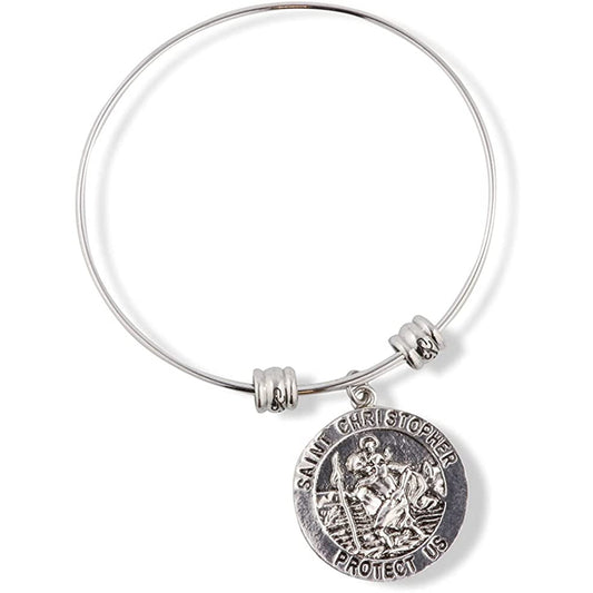 Round Saint Christopher Protect Us Fancy Charm Bangle
