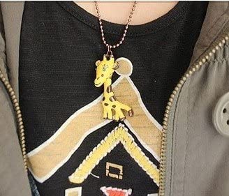 Giraffe Yellow with Green Eyes on Brass Round Necklace