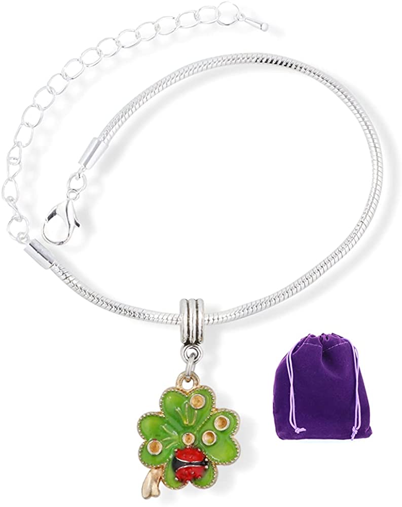 Four Leaf Clover Green with Ladybug and Gold Coloured Water Drops Snake Chain Charm Bracelet