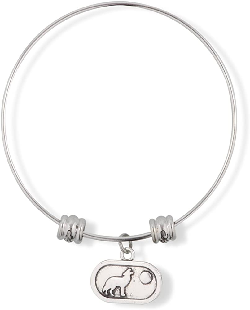 Wolf Howling at Moon on Oval Fancy Charm Bangle