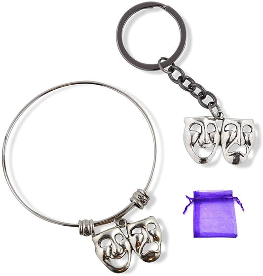 Drama Mask Necklace Tragedy Comedy Mask Thespian Mask Charm Necklace Pendant Jewelry Theatre Theater Gift for Women Men Boys Girls Actors and Actress on Silver Plated Snake Chain Bundled with Keychain