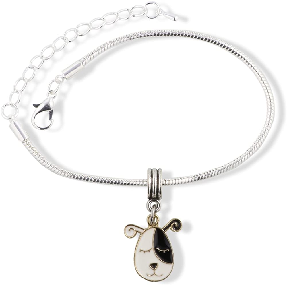 Dog Head Black and White with Twirley Ears Snake Chain Charm Bracelet