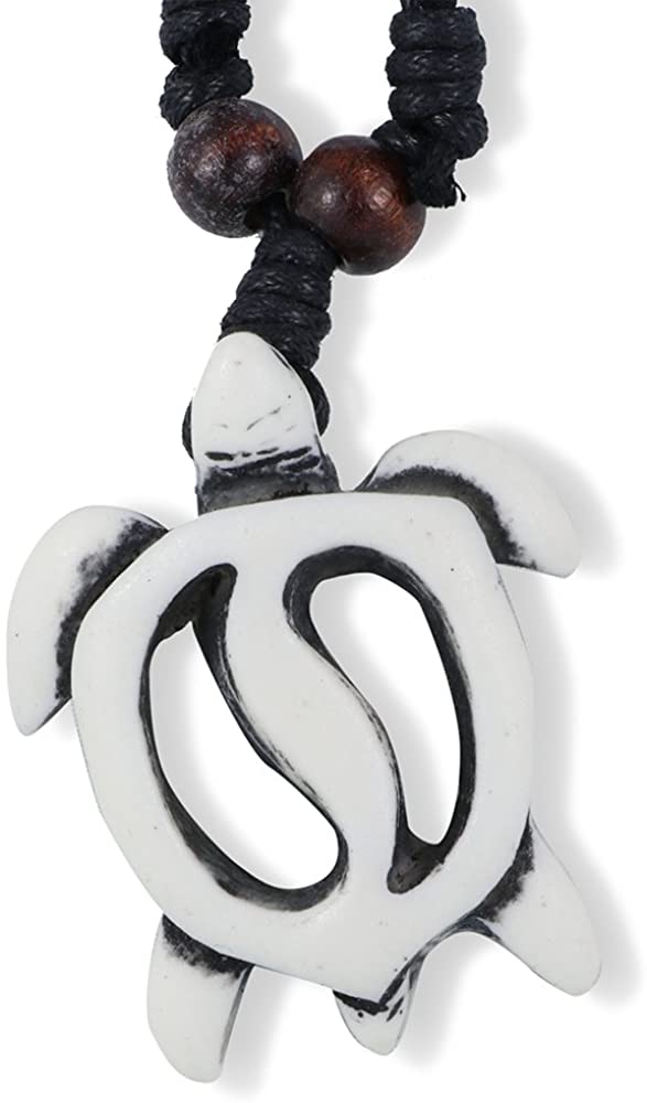 Turtle with Hollow Shell Ring Yin Yang Bone Enamel Charm Leather Rope Necklace