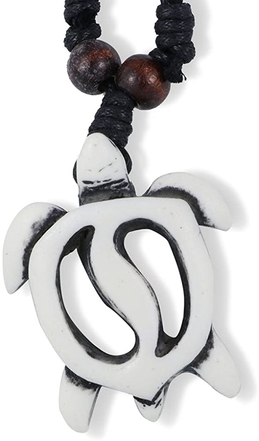 Turtle with Hollow Shell Ring Yin Yang Bone Enamel Charm Leather Rope Necklace