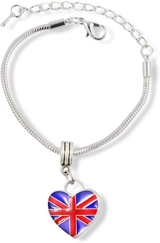 British Flag on a Heart (Large) Snake Chain Charm Bracelet