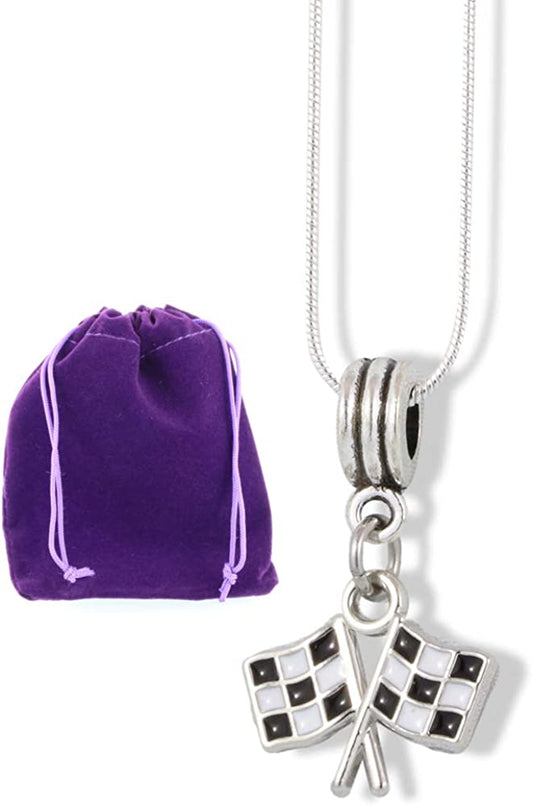 Racing Gifts for Men | Checkered Flag Necklace Silver Plated Snake Chain Charm Pendant for Women or Men for Race Car Gifts Dirtbike Necklace or Motocross Necklace to use as your favorite Racing Stuff