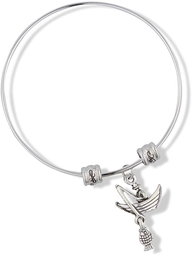 EPJ Fisherman Catching Fish in Row Boat Fancy Charm Bangle