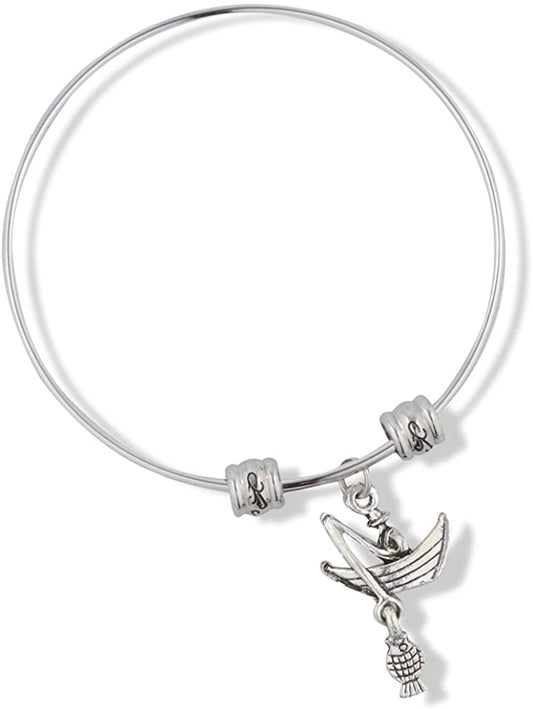 EPJ Fisherman Catching Fish in Row Boat Fancy Charm Bangle