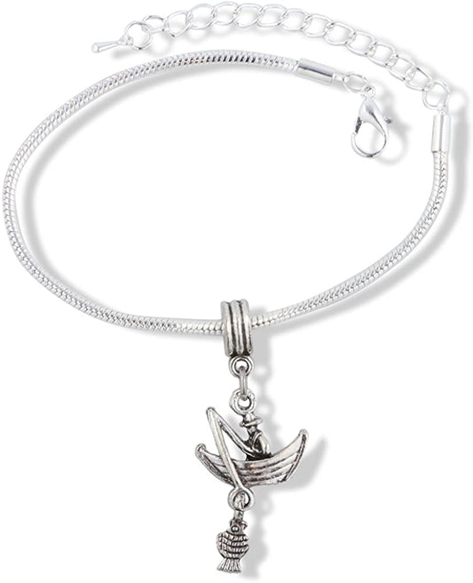 Fisherman Catching Fish in Row Boat Snake Chain Charm Bracelet