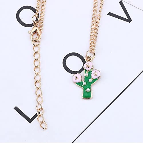 EPJ Cactus Green with Four Pearls and Three Pink Flowers on Gold Chain Necklace