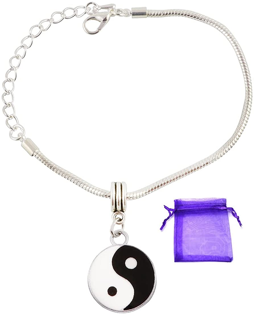 Yin and Yang Black and White Snake Chain Charm Bracelet