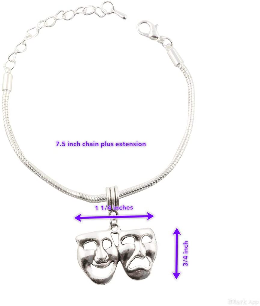 Drama Mask Bracelet | Tragedy Comedy Mask Thespian Mask Charm Bracelet Jewelry Theatre Theater Gift for Women Men Boys Girls Actors and Actress on Silver Plated Snake Chain