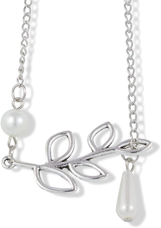 EPJ Willow Leaf with Two Faux Pearls on Silver Coloured Chain Necklace