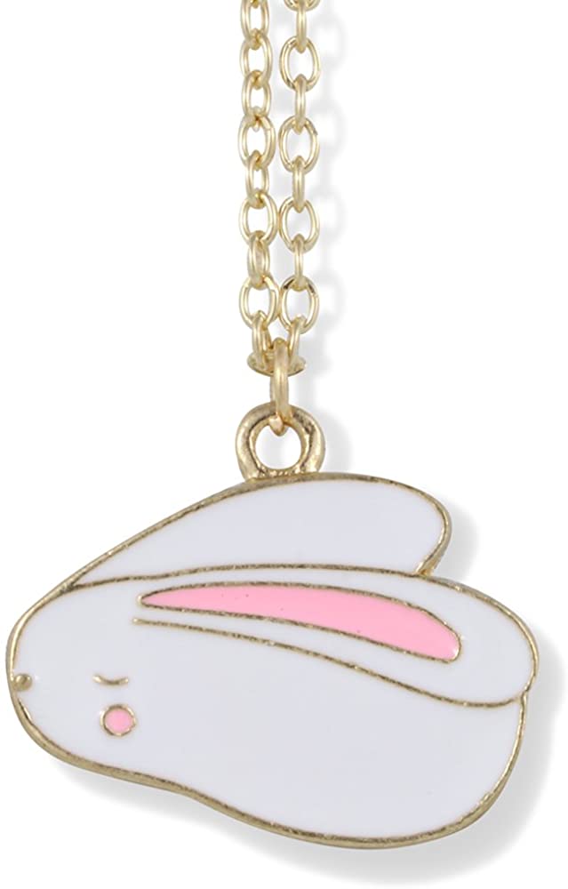 Bunny Rabbit Cartoonish White with One Pink Ear on Gold Necklace