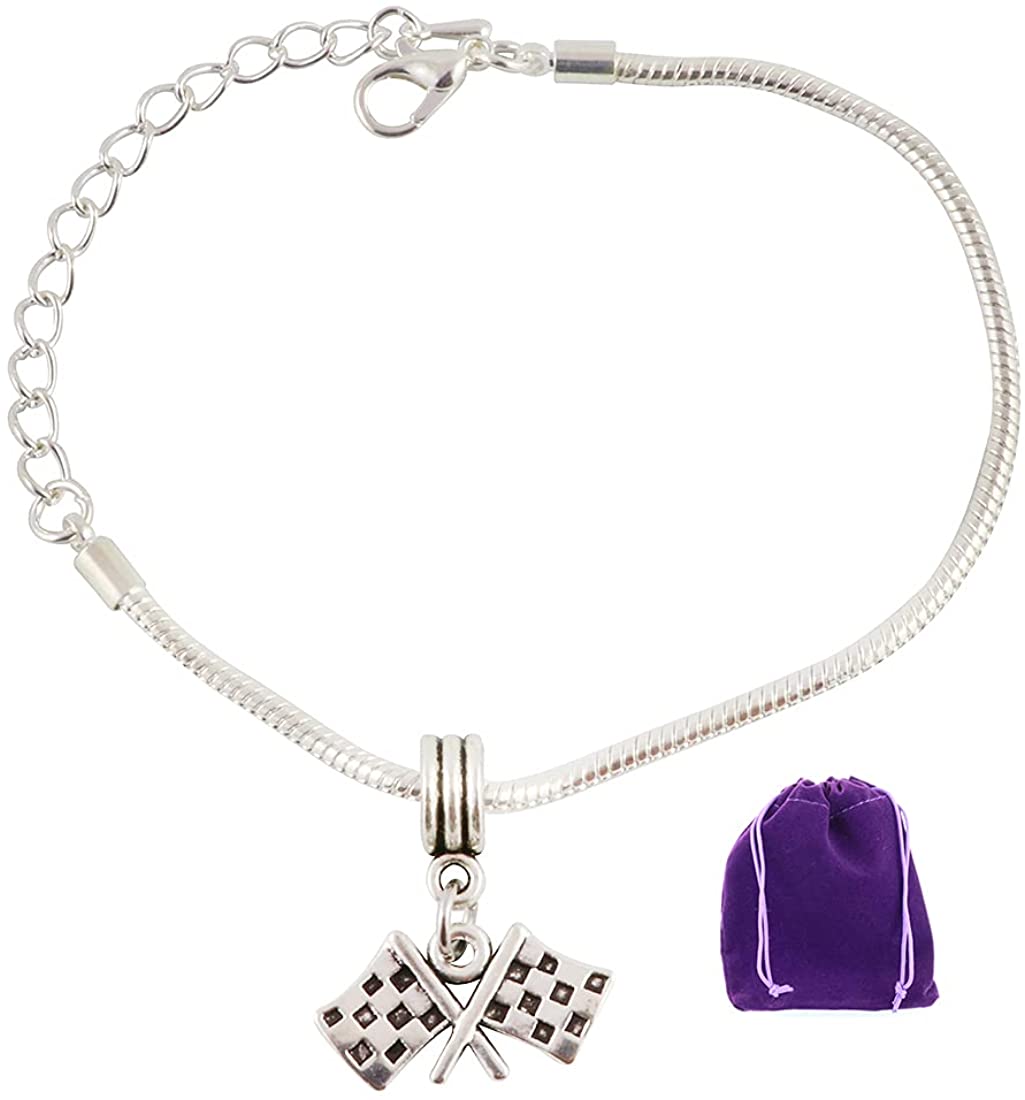 Checkered Racing Flag Snake Chain Charm Bracelet