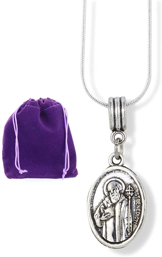 St Benedict Necklace | Catholic Gifts Saint St Benedict Medal San Benito Religious Jewelry Necklace for Women Silver Plated Chain Charm Gifts Catholic Necklace Pendant for Women Men Boys and Girls