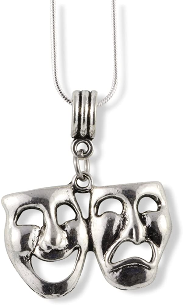 Drama Mask Necklace Tragedy Comedy Mask Thespian Mask Charm Necklace Pendant Jewelry Theatre Theater Gift for Women Men Boys Girls Actors and Actress on Silver Plated Snake Chain Bundled with Keychain