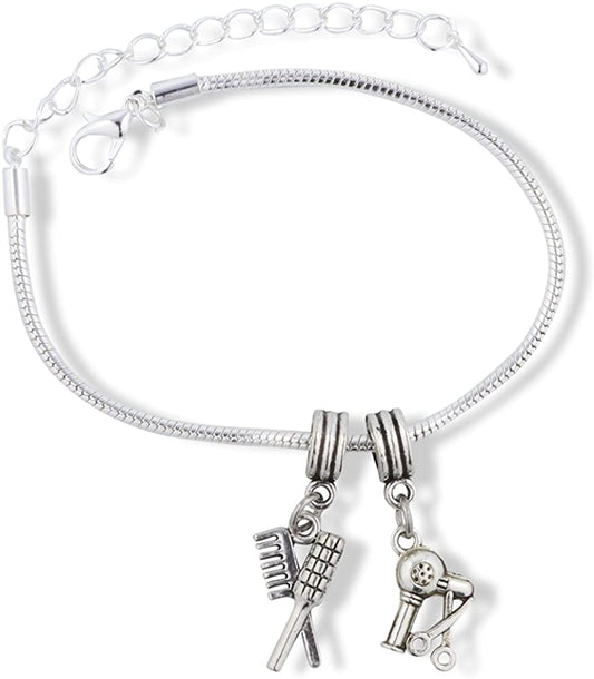 Emerald Park Jewelry Hair Stylist Bracelet | Blow Dryer and Brushes Stainless Steel Snake Chain Charm Bracelet