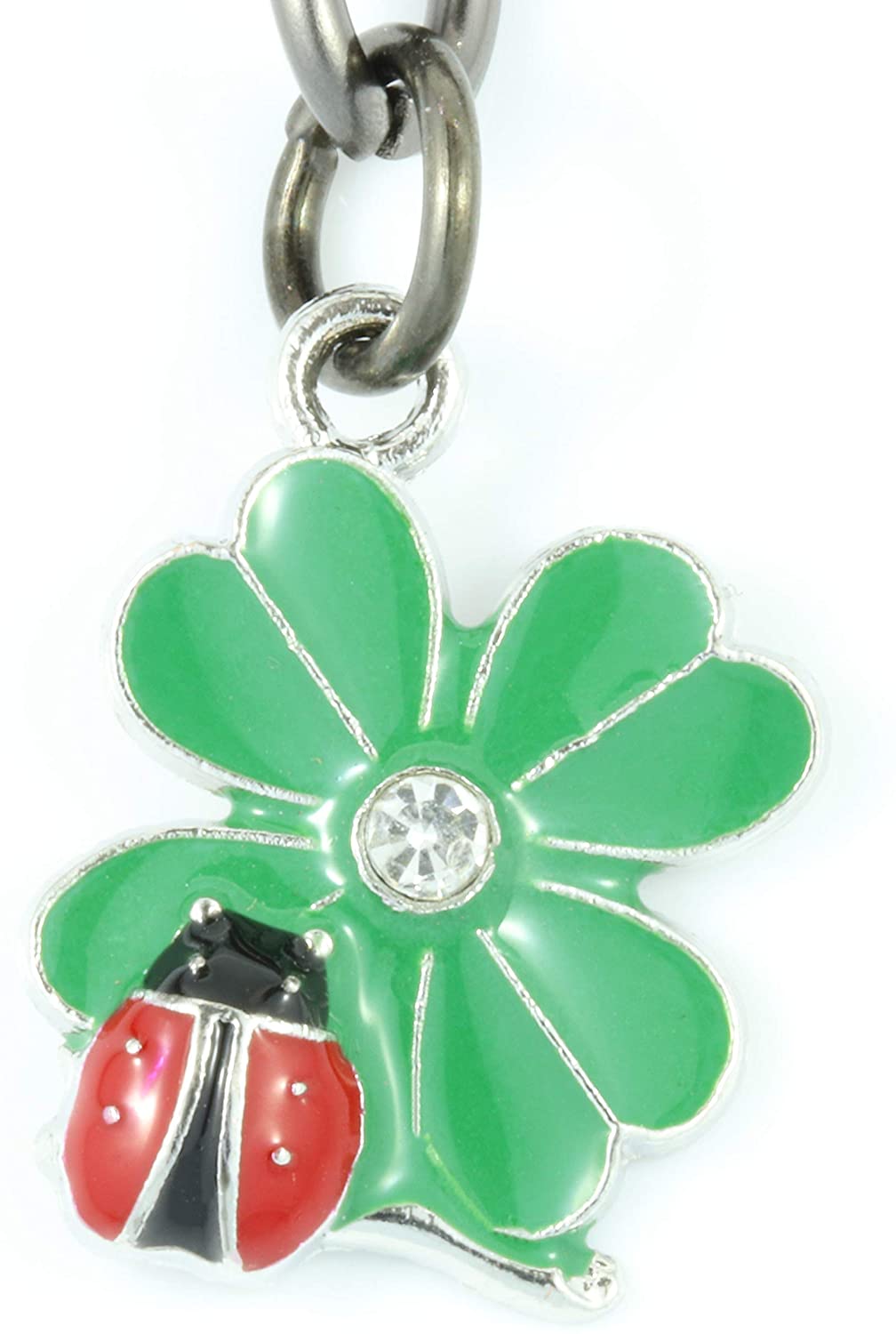 Ladybug Gifts | Ladybug Key Chain of a Lady Bug on a Four Leaf Clover Lucky Keychain 1 inch diameter Black Key Chain with Black Chain to the Ladybug Charm on a Four Leaf Clover with Rhinestone Center