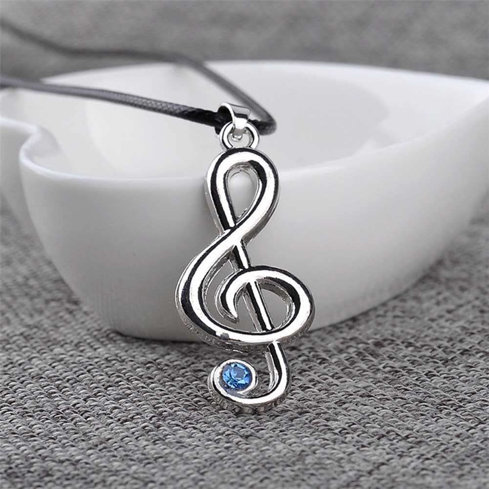 EPJ Treble Clef with Blue Rhinestone on Black Round Rope Necklace