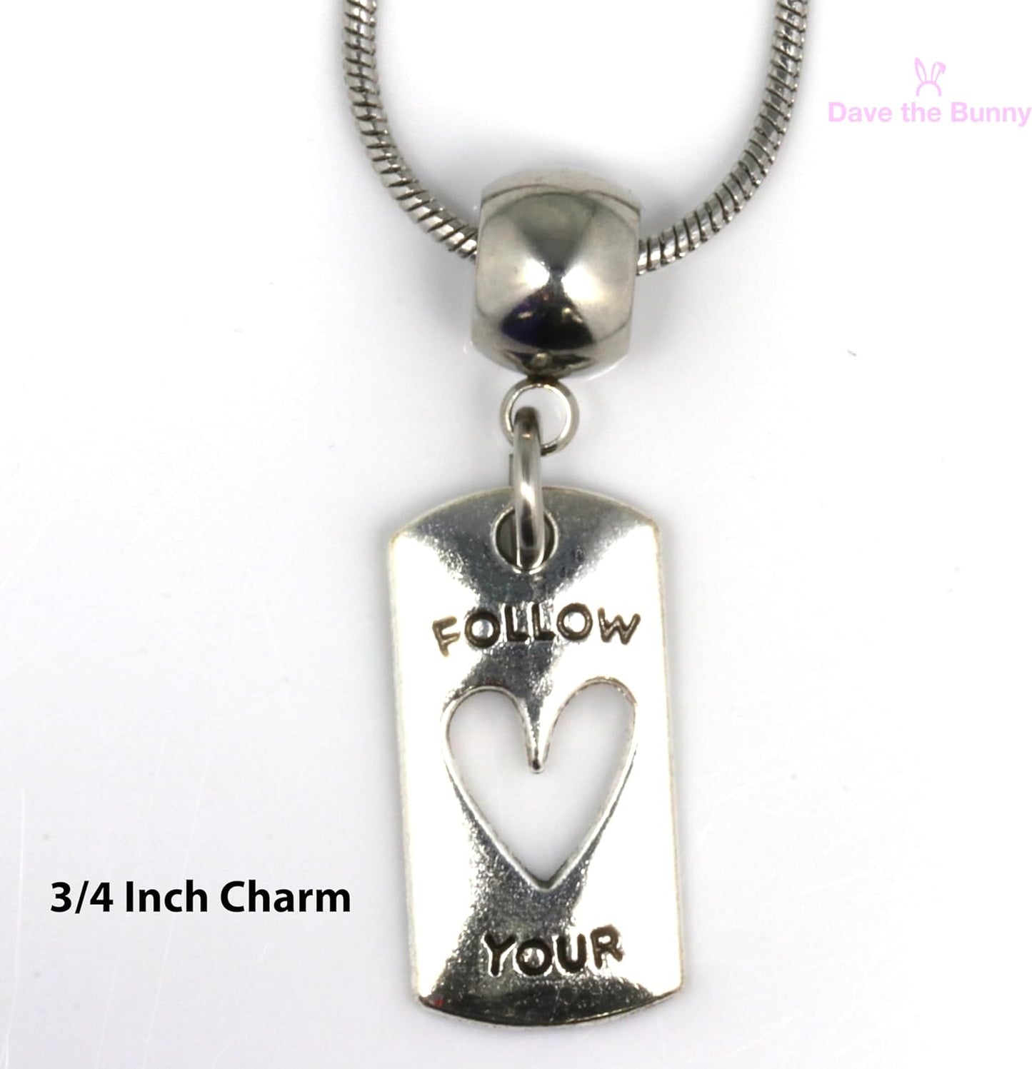 Dave The Bunny Follow Your Heart Necklace - An Inspirational Necklace Elegant Stainless Steel Snake Chain Best Friend Necklace with Alloy Charm, Perfect Friendship Necklace, Heart Necklace for Women