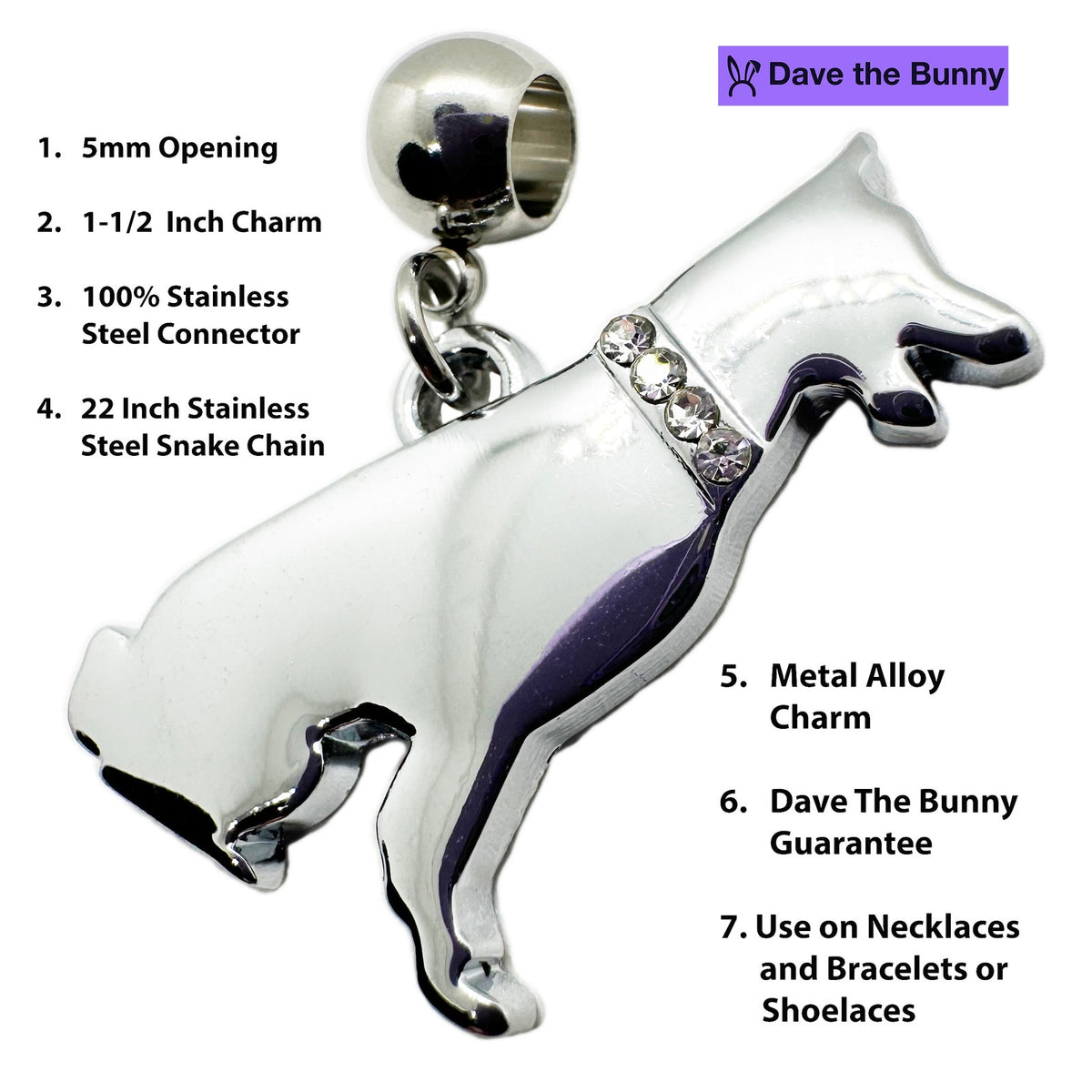 German Shepard Dog Charm Necklace with Stainless Steel Snake Chain