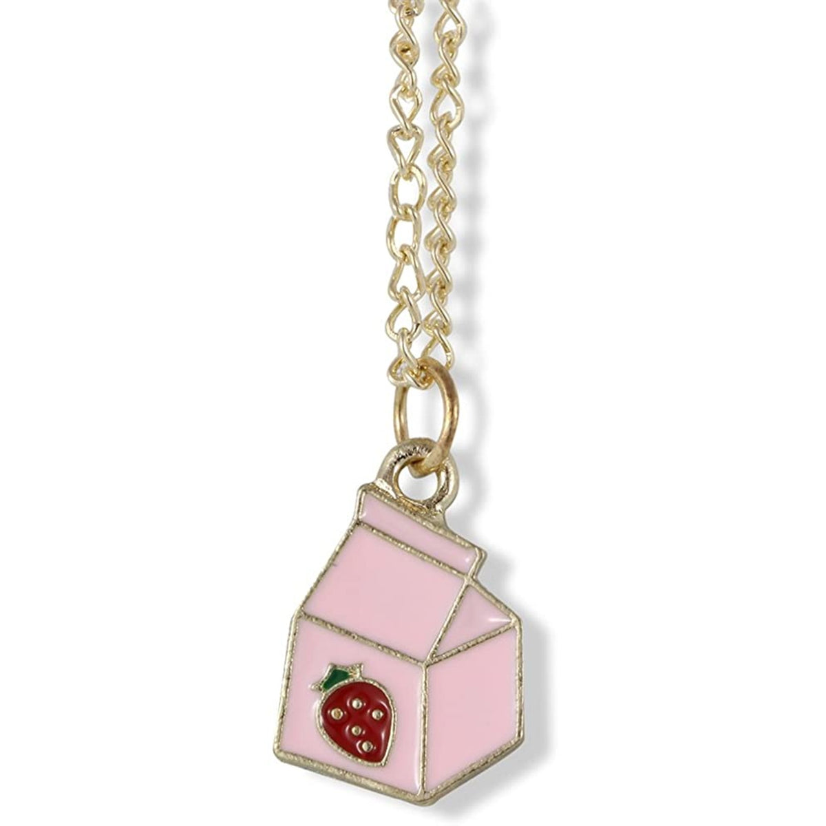 Strawberry Milk Carton Charm Necklace with Stainless Steel Snake Chain