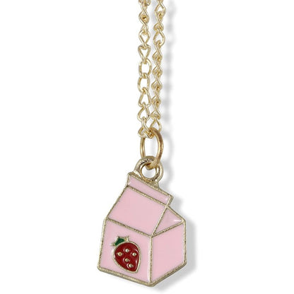 Strawberry Milk Carton Charm Necklace with Stainless Steel Snake Chain