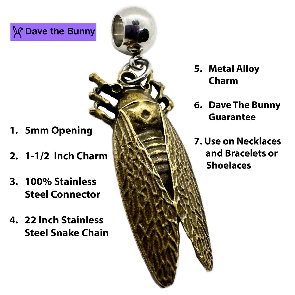 Cicada Bug Insect Charm Necklace with Stainless Steel Snake Chain