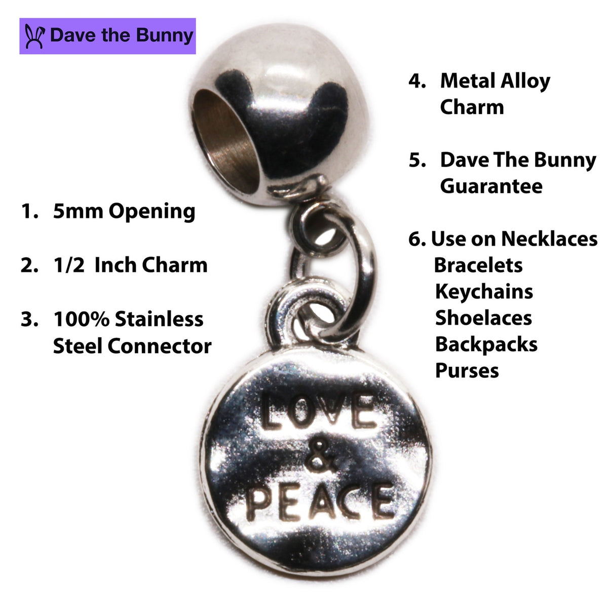 Love Peace Charm with Stainless Steel Connector