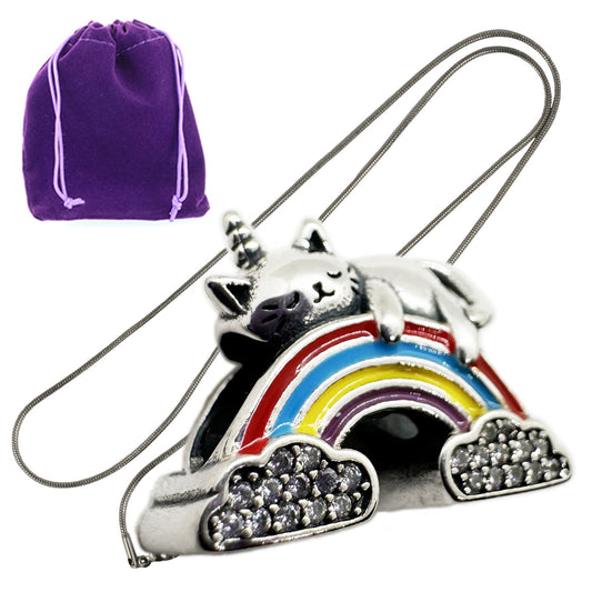 Cat Unicorn Rainbow Charm Necklace with Stainless Steel Snake Chain
