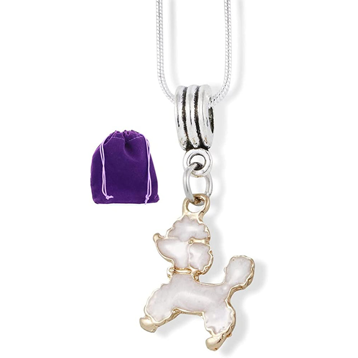 Poodle Dog Pet White Charm Necklace with Stainless Steel Snake Chain