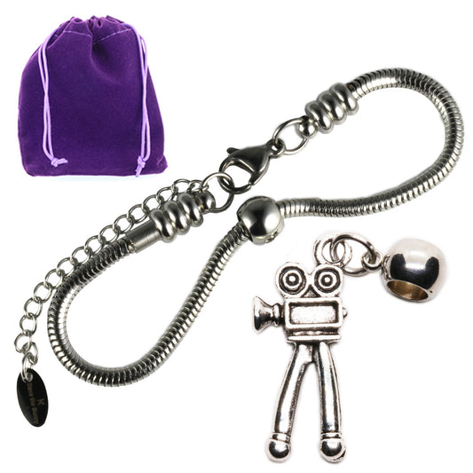 Vintage Movie Camera Charm Bracelet with Stainless Steel Snake Chain
