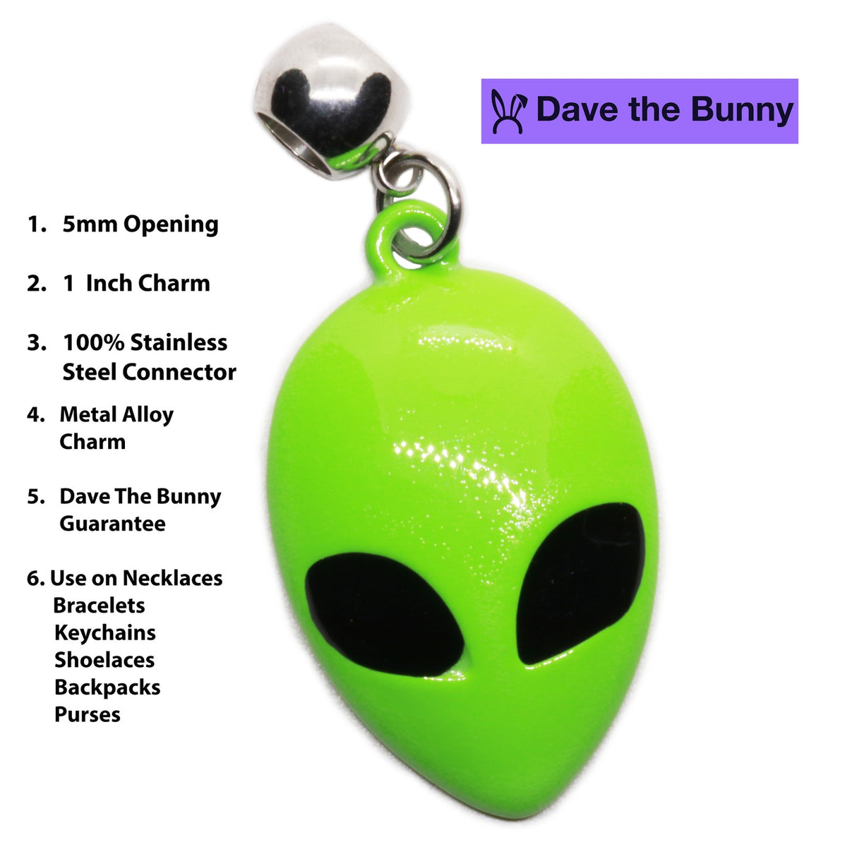 Neon Green Alien Head Charm Necklace with Stainless Steel Snake Chain