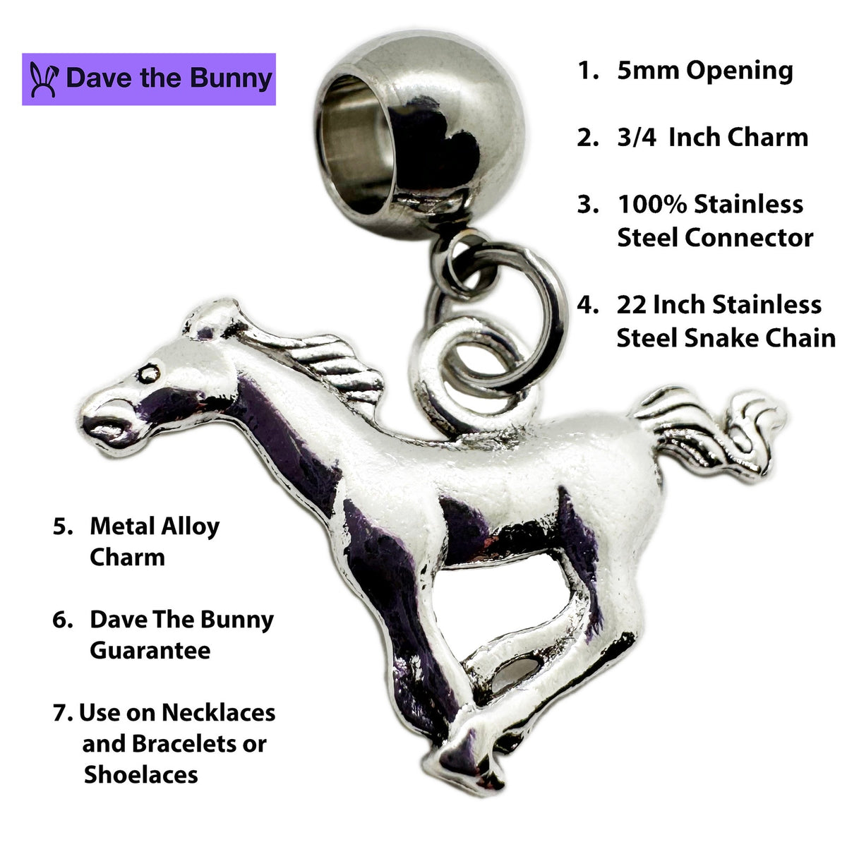 Horse Galloping Running Charm with Stainless Steel Connector