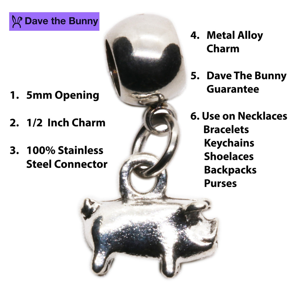 Pig Charm with Stainless Steel Connector