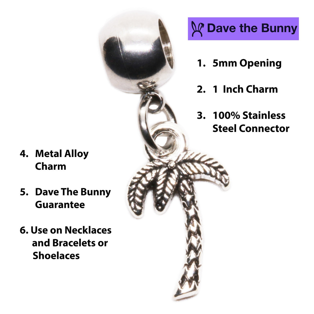 Palm Tree Charm with Stainless Steel Connector