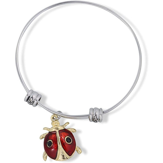 Red Ladybug Two Black Dots Charm Bangle Bracelet