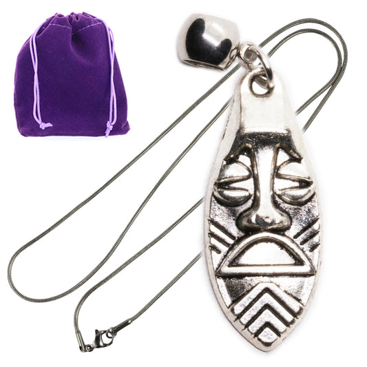 Tiki Tribal Mask Charm Necklace with Stainless Steel Snake Chain