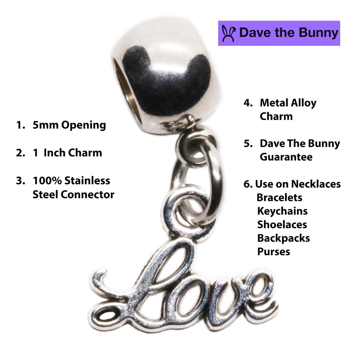 I Love You Script Charm with Stainless Steel Connector