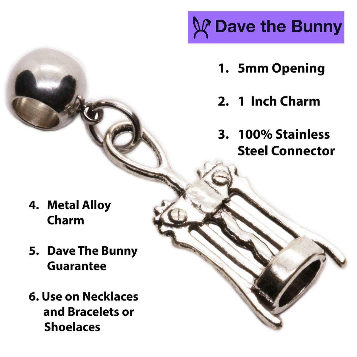 Wine Opener Corkscrew Charm with Stainless Steel Connector