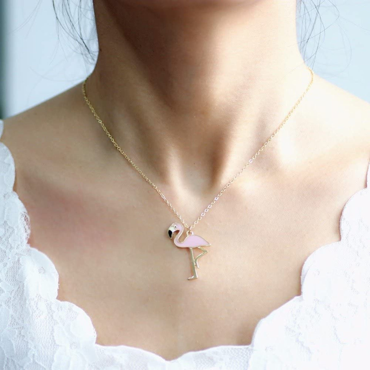 Flamingo Bird Pink Black Yellow Beak Charm Necklace