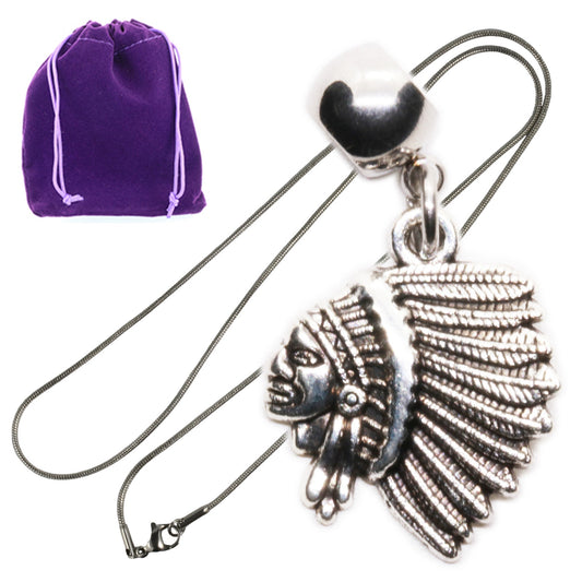 Feathered Headdress Charm Necklace with Stainless Steel Snake Chain