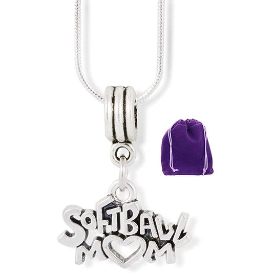 Softball Mom Sports Charm Necklace with Stainless Steel Snake Chain