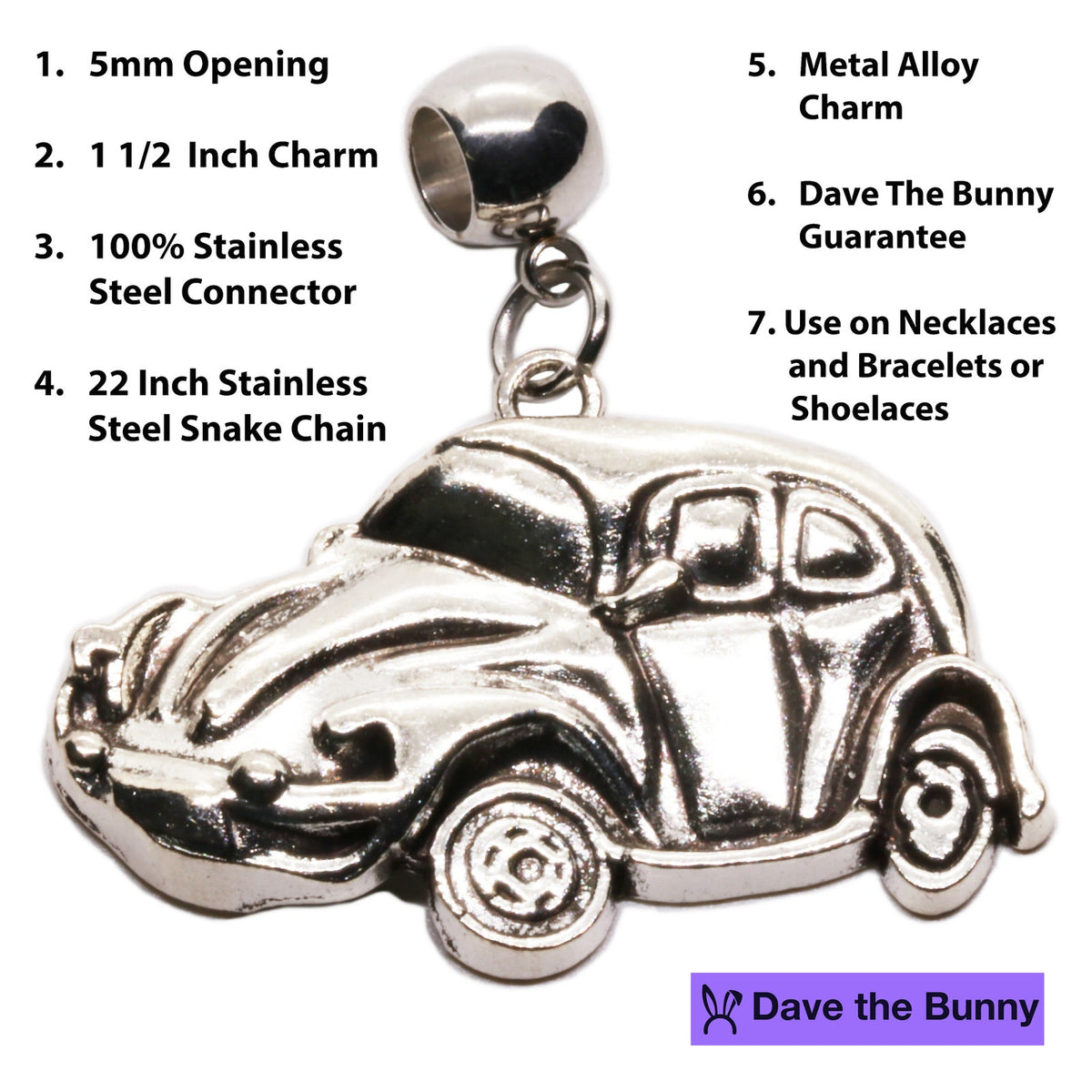 Classic Car Bug Charm Necklace with Stainless Steel Snake Chain