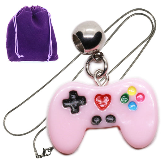 Pink Gaming Controller Charm Necklace with Stainless Steel Snake Chain