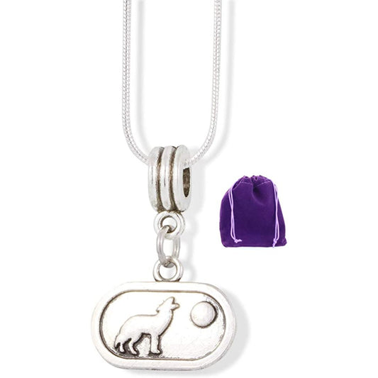 Wolf Howling Moon Oval Charm Necklace with Stainless Steel Snake Chain